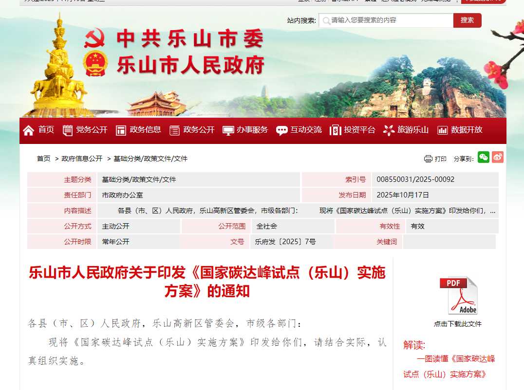 《国家碳达峰试点(乐山)实施方案》发布